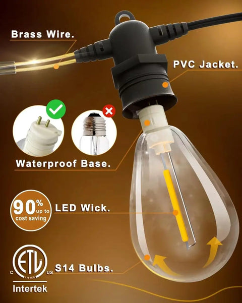 Close-up of 100 Ft LED Outdoor String Lights With 30 Shatterproof Edison Style Bulbs showing brass wire and PVC jacket