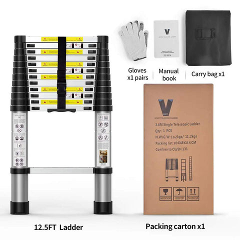 Telescoping Ladder 12.5 Foot Aluminum Extension Ladder With Independent Locking Mechanism, gloves, manual, and carry bag shown
