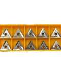 Top Grade 10 Piece Indexable Carbide Lathe Tool Set Featuring TNMG160404R-2G Metal Ceramic Triangle Blades in yellow storage case.