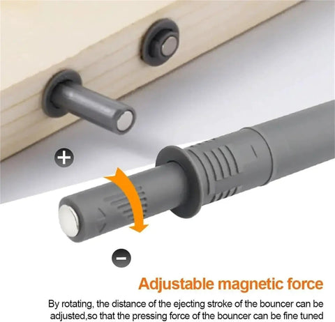 Adjustable force feature on Two Pack Magnetic Push Latches For Cabinets And Drawers No Fuss Heavy Duty Spring Loaded Plunger Touch To Open Cabinet Catches With Damper Easy Install Durable Drawer And Door Hardware