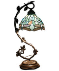 Sea Blue Tiffany Style Dragonfly Stained Glass Desk Lamp With Metal Leaf Base Reading Light For Bedside And Home Office 8x10x21 Inch UL Listed Easy On Off Cord Switch Cozy Decorative Lighting Perfect For Small Spaces