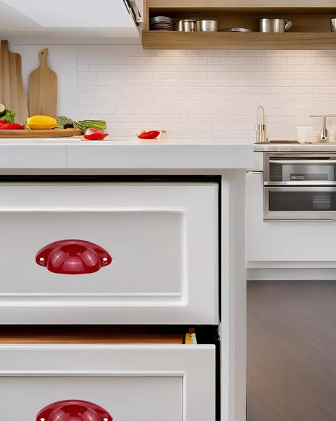 Red Cup Pulls Shell Style Cabinet Handles 6 Pack Iron With Spray Painted Finish installed on kitchen drawers.
