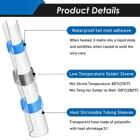 Diagram of Must Have Pro Grade 252Pcs Solder Seal Wire Connectors Kit showing waterproof adhesive, solder sleeve, and tubing sleeves.
