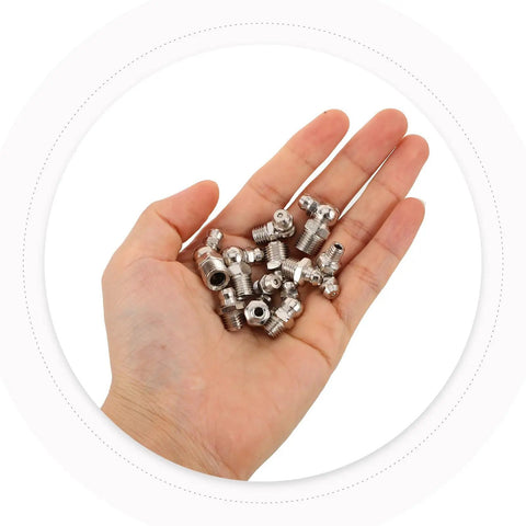 Get Your Grease Gun Ready With This Sick 45 Piece Carbon Steel Fitting Kit Including M6 M8 And M10 Sizes For All Your Auto Repair Needs With Straight Angles. Hand holding mixed grease fittings