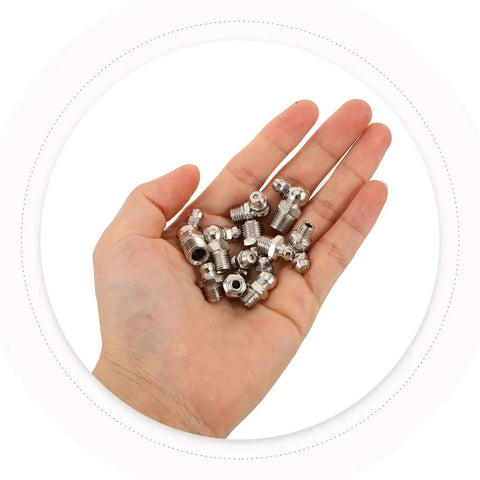Top Tier 45Pcs Carbon Steel Metric Grease Fitting Kit With M6 M8 M10 Zerk Nipples And Angled Elbows For Auto Garage And Heavy Machinery Maintenance Work, assorted fittings in hand