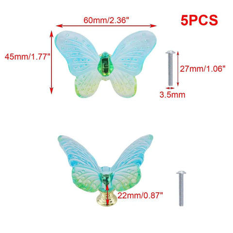 Butterfly Glass Cabinet Knobs Set Of 5 In Blue Green Single Hole Drawer Pulls with dimensions and screws shown.