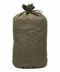 Heavy Duty Waterproof Rubber Laundry Bag For Outdoor Gear And Camping, Olive Drab Green Military Surplus Cloth Tote With Top Tie Strings, Rugged Wet Weather Clothes Bag For Dirty Laundry, showing full bag with top tied.