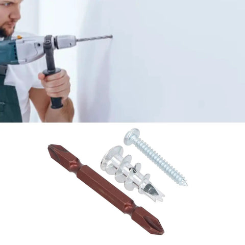 Heavy Duty Wall Anchor Kit With Screws And Drill Bits Zinc Alloy Self Drilling Drywall Anchors For Drywall Plaster Hollow Doors And Mirrors Holds Up To 50 Lb Per Anchor No Pre Drill Installation Great For Shelves, drill bit and anchor close-up