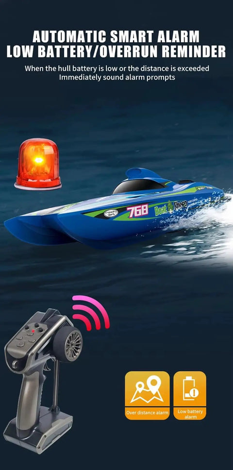 Fast RC Jet Boat With Brushless Motor And Water Cooled ESC 30kmh Powered By 3x3S LiPo Packs 40cm ABS Hull in water with remote