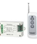 White DC motor actuator remote controller module with green screw terminals and a handheld RF remote with antenna