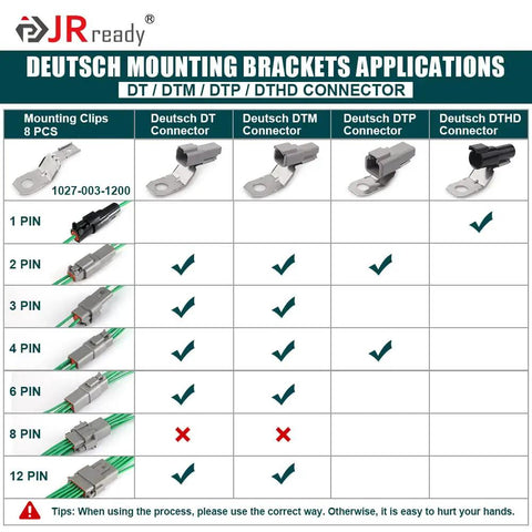 Table of Deutsch mounting brackets applications for DTM DTP DT with pin compatibility chart for ST6355 Connector Accessory Kit