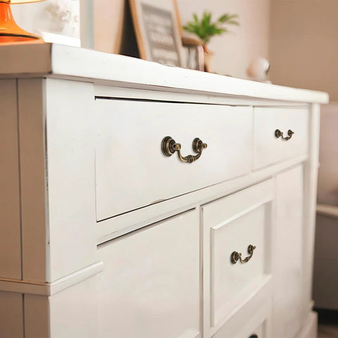 White dresser with Antique Drop Bail Drawer Pulls Set Of Four In Bronzed Finish, Shabby Chic Vintage Cabinet Handles installed.