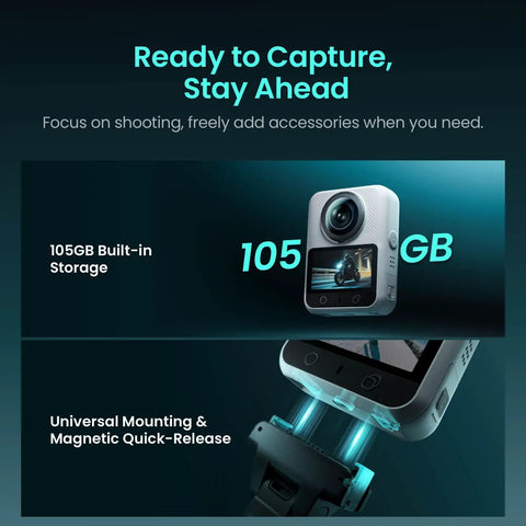8K Panoramic 360 Camera For Vlogs And Adventure Shots With 1 Inch Sensor Equivalent 100MP, 105GB built-in storage, magnetic mount