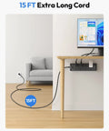 15 Ft Extension Cord Flat Plug Surge Protector Power Strip With USB, 12 Outlets, mounted under desk with long cable