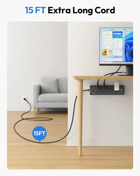 15 Ft Extension Cord Flat Plug Surge Protector Power Strip With USB, 12 Outlets, mounted under desk with long cable