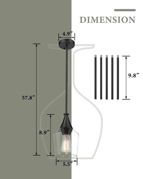 2 Pack Black Pendant Light Set With Wine Glass Shade, dimensions including adjustable height poles shown