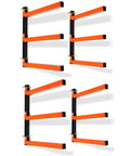 Four-pack orange and black metal racks with three levels for lumber storage, suitable for garage and workshop organization.