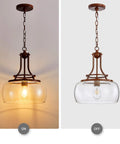 Rustic Farmhouse Industrial Round Ceiling Pendant Light With Clear Glass Shades For Dining Room Kitchen Island Foyer Entryway Modern Edison LED Fixture E26 Base Imitation Wood Grain Finish 17 Inches High 13.4 Inches Wide, light on and off display