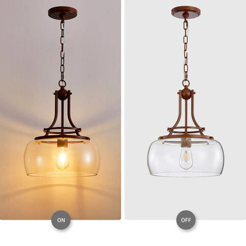 Rustic Farmhouse Industrial Round Ceiling Pendant Light With Clear Glass Shades For Dining Room Kitchen Island Foyer Entryway Modern Edison LED Fixture E26 Base Imitation Wood Grain Finish 17 Inches High 13.4 Inches Wide, light on and off display
