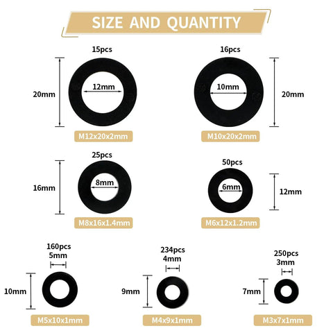 750 Piece Nylon Flat Washers Set For Screws Bolts 7 Sizes Black Plastic Washers in different diameters and quantities