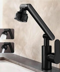 UHRLGHS 360°Swivel Kitchen Faucet with Robotic Arm Dual Mode Soft Bubble & Shower Adjustable Flexible Design Modern Gray Finish for Easy Cleaning & Versatile Use,Black close-up view showing adjustable spray head and single handle.