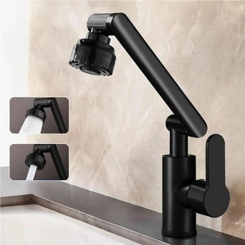 UHRLGHS 360°Swivel Kitchen Faucet with Robotic Arm Dual Mode Soft Bubble & Shower Adjustable Flexible Design Modern Gray Finish for Easy Cleaning & Versatile Use,Black close-up view showing adjustable spray head and single handle.