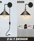 Plug In Wall Sconces Set Of Two Black Modern Wall Lights With Cord E26 Base Compatible Up To 60W Bulbs Not Included Vintage Style Sconce Lamps For Living Room Bedroom Hallway Easy Install, showing plug-in and hardwired options