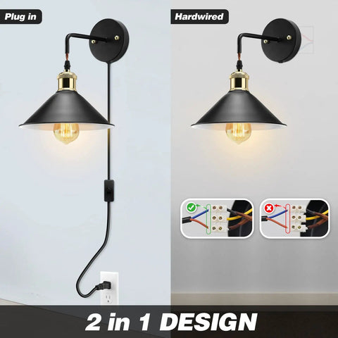 Plug In Wall Sconces Set Of Two Black Modern Wall Lights With Cord E26 Base Compatible Up To 60W Bulbs Not Included Vintage Style Sconce Lamps For Living Room Bedroom Hallway Easy Install, showing plug-in and hardwired options