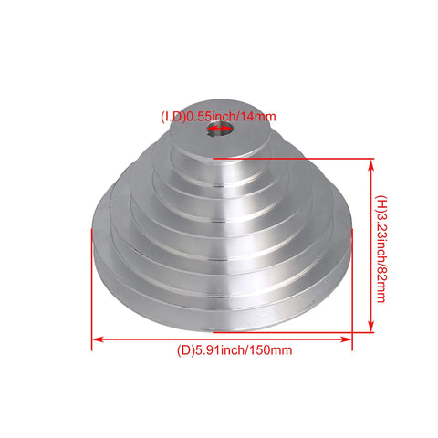 Beefed-Up Aluminum 5 Slot A Type V-Shaped Pulley Kit With 5 Step Ratios, Heavy Duty Silver Motor Shaft Drive, 14mm Belt Width