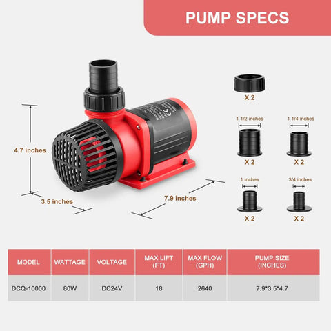 2640 GPH 80W Aquarium DC Return Pump With LCD Controller DC24V 18ft Lift Inline And Submersible 100 Speeds specifications