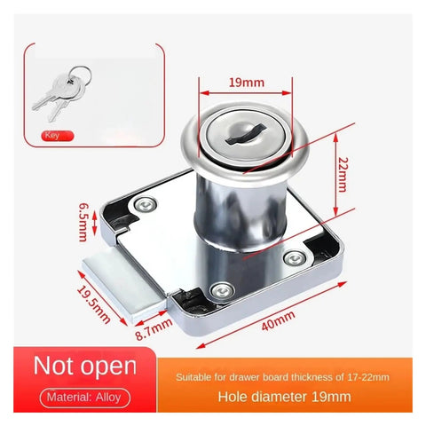 Diagram of Built Tough Cylinder Drawer Lock for Cabinets and Desks Solid Security Cam Lock with dimensions and two keys