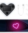 Pink Heart Shaped Car Interior Ambient Light For Windows With 5 Modes Type C And Solar Charging Easy Suction Cup Install Totally Dope Gift For Women And Men Car Decor That Stands Out Pack Of 1 back view with suction cups and USB cable next to illuminated heart shape on car window.