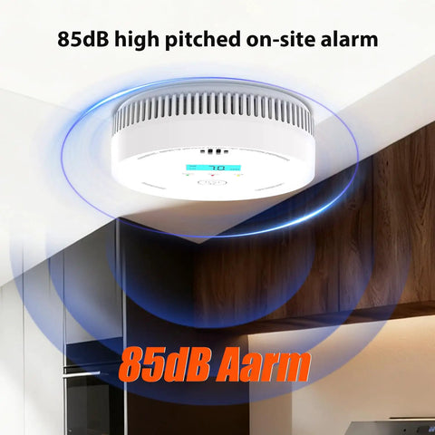 Top Shelf 6 Pack Smoke Detectors and Air Quality Monitors with 10 Year Battery Life Advanced Multi Sensor System Hella Clear real time display with 85dB alarm.