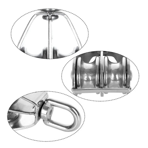 Beefy Heavy Duty Two Pack Double D Handles For Pulleys, 360 Degree Swivel Block, U Shaped Pulley Gear, 150Kg Bearing Capacity, 330.69Lb Rating, Great For Boat Lifts, Tackle Systems, And Pulley Assemblies. Stainless steel pulley handle close-up