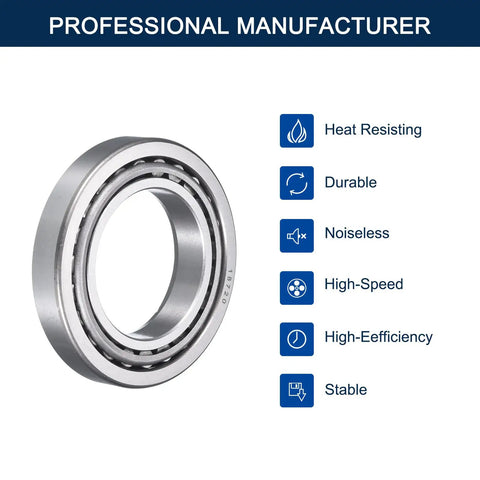 Heavy Duty Tapered Roller Bearing Cone and Cup Set, 2 In Bore, durable chrome steel bearing with features listed on white background
