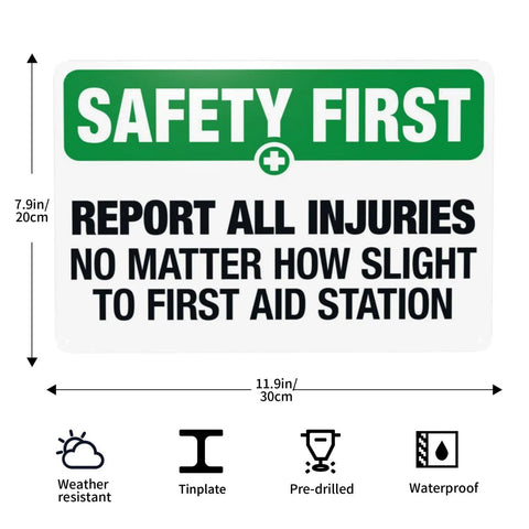 Warning Sign Report All Injuries No Matter How Small For First Aid Aluminum Safety Plaque Industrial Wall Decor 8 By 12 Inches