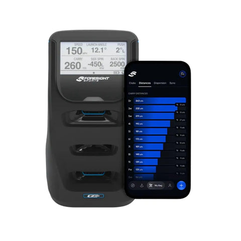 GC3S Golf Launch Monitor And Rangefinder Bundle with display showing data like ball speed, spin, and launch angle