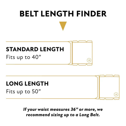 Belt length finder showing standard up to 40 inches and long up to 50 inches for Original Unisex Adventure Belt.