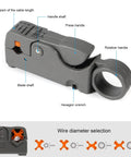 Coax Cable Crimping Tool Kit With Stripper And Universal Compression Tool Includes 5 RG6 F Type Connectors, gray stripper tool
