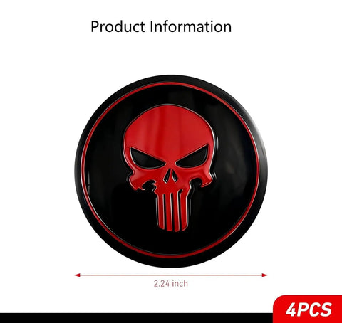 Four Pack Red Metal Skull Wheel Center Hub Cap Stickers Self Adhesive Waterproof Rim Covers Rugged Fits Trailer Grease And Bearing Dust Caps Straight Up Tough, 2.24 inch size.