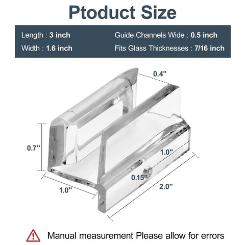 Sliding Shower Door Bottom Guide For Top Hung Glass Doors 3/8 Inch Channel Bathroom Track Replacement, 3 inches long.