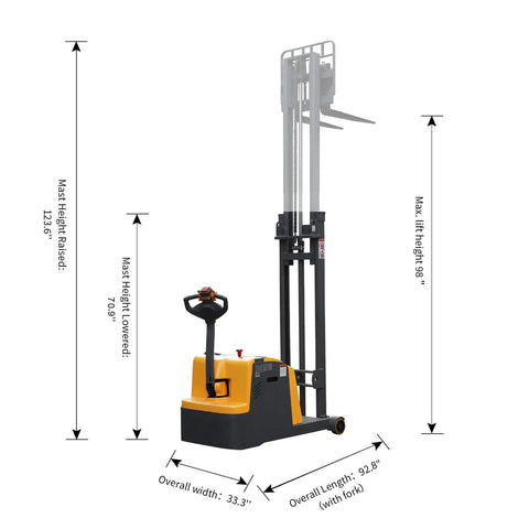 ApolloLift Counterbalanced Electric Pallet Stacker, 2200 Lb Fully Electric Walkie With Upright Walking Function, Max Lift Height 98 Inches with dimensions.