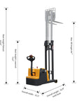 Heavy Duty Counterbalanced Electric Stacker With 2200 Lbs Capacity And 98 Inch Lifting Height showing dimensions with mast raised and lowered.