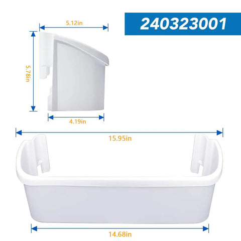 Two Pack 15.95 Inch Fridge Door Bin Side Shelf Replacement for Frigidaire Electrolux Kenmore, fits 240323007, white bin dimensions.