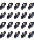 M6 Through Hole Wing Knobs Pack Of 20 With Hella Secure Thumb Screw Threads For Lawn Mower Handles Woodworking Jigs And Shop Fixtures No Sweat Hand Tighten, black plastic knobs with brass inserts.