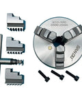 Solid K11-100 Mini 100MM Lathe Chuck With Three Self Centering Jaws for Metalworking Projects, heavy-duty, includes extra jaws and tools.