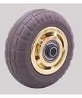 Badass Heavy Duty Rubber Swivel Casters 4 Inch Gray Rubber Wheels M12 Thread Stem close-up view of a wheel with gold rim.