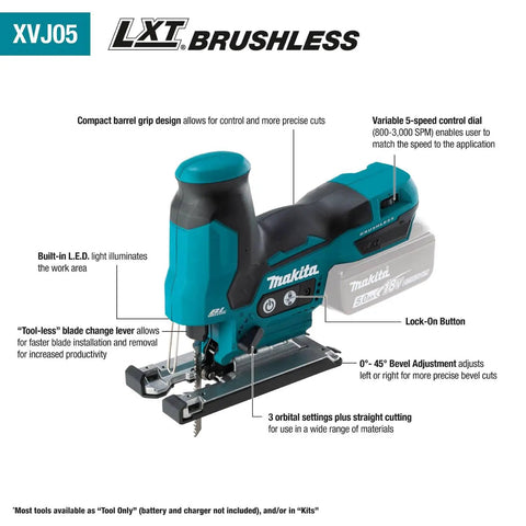 18V LXT Brushless Cordless Barrel Grip Jig Saw Tool Only With Variable Speed 800 To 3,000 SPM for Precise Cuts, long battery life.