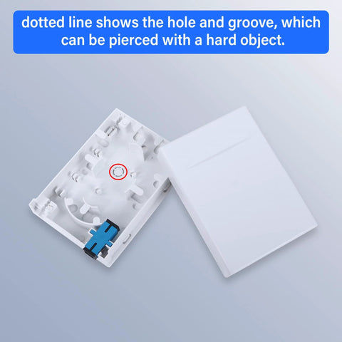 White plastic 2-port fiber optic terminal junction box, opened to show blue internal SC/UPC connector