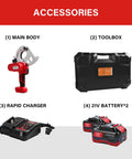 Kickass 21V Cordless Electric Cable Cutter Features Slick Ratcheting Drive For Heavy Duty Battery Power And Smooth Fast Cuts Through Thick Wiring On Job Sites accessories including main body, toolbox, rapid charger, and two batteries.